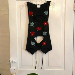 Tach Black and Floral Cut Out Sleeveless Knit Top with Lace Up Back